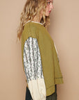 POL Exposed Seam Floral Patch Color Block Round Neck Sweatshirt