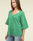 Zenana Brushed Waffle Exposed-Seam 3/4 Sleeve Top