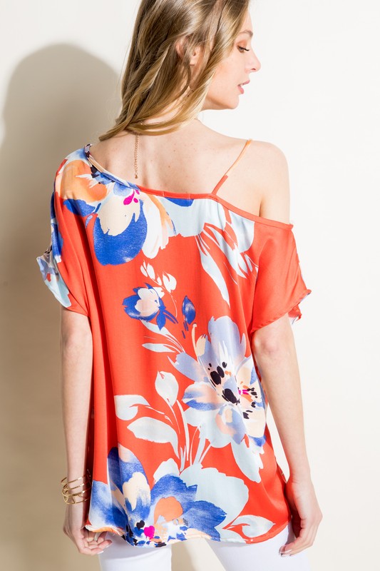 e Luna Floral Print Woven One Shoulder Top