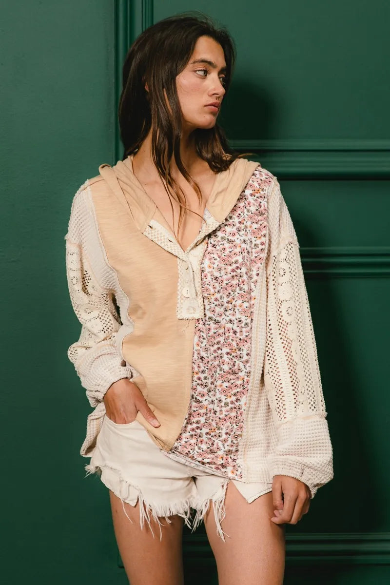 BiBi Slub Jersey with Lace Combo Buttoned Hoodie Top