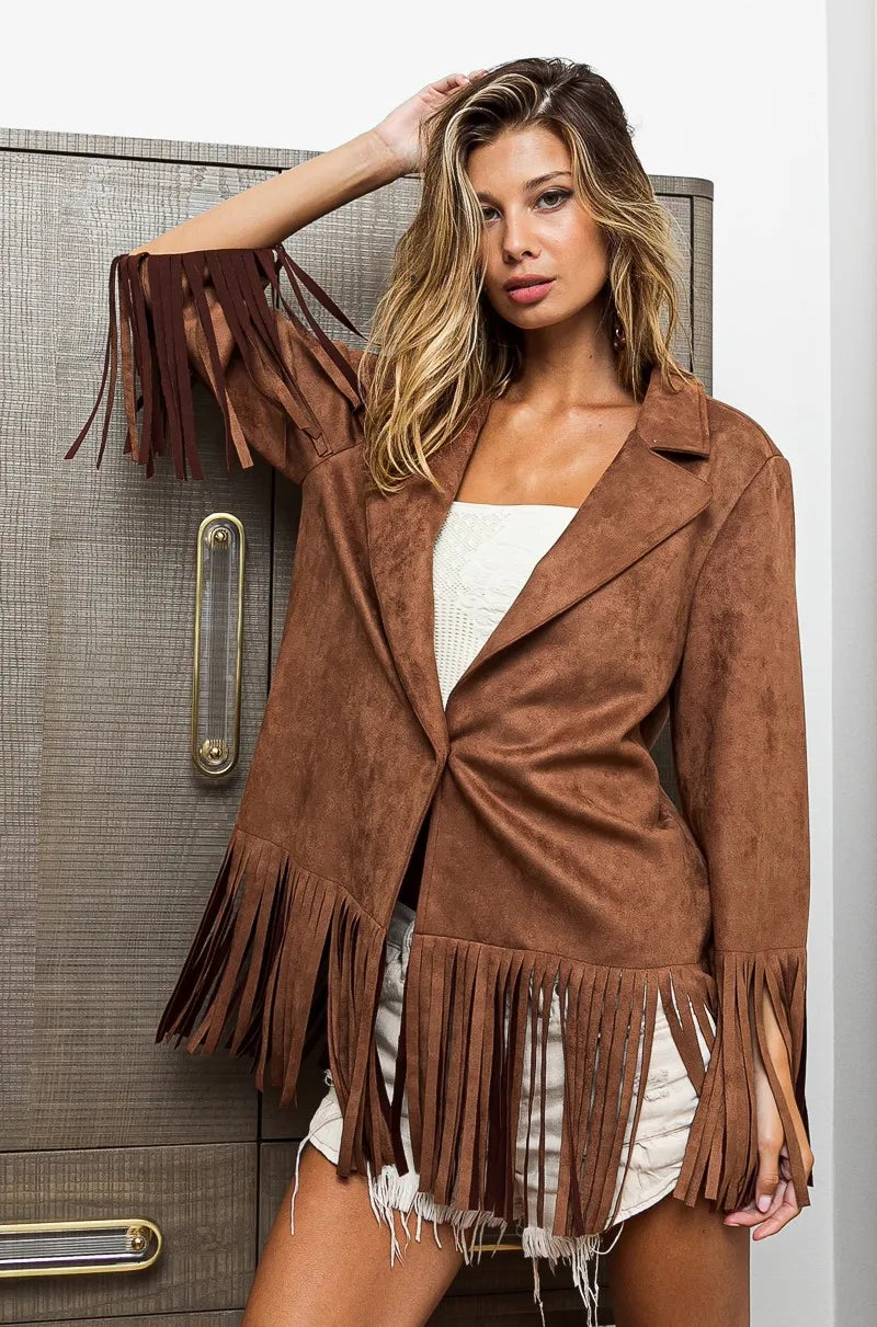 BiBi Suede Single Blazer with Fringed Hem