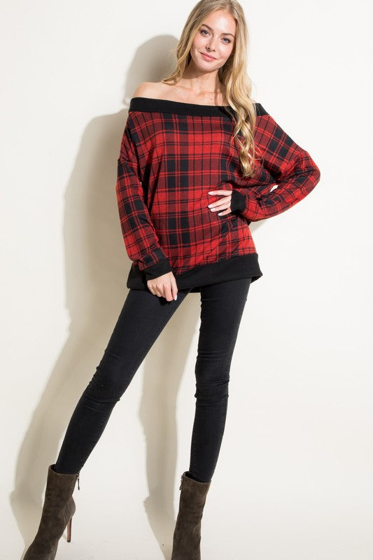 e Luna PLUS Plaid Off Shoulder Top