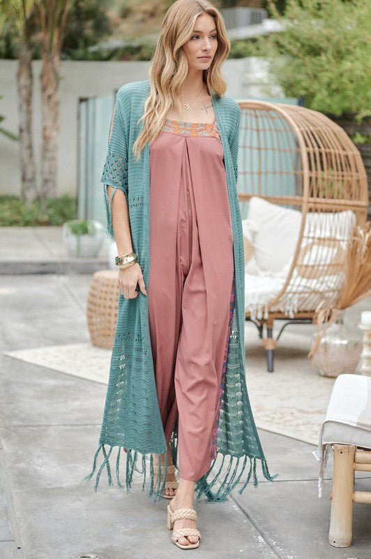 Davi &amp; Dani Solid Long Cardigan With Fringe