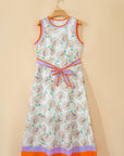 Floral Colorblock Trim Belted Sleeveless Maxi Dress