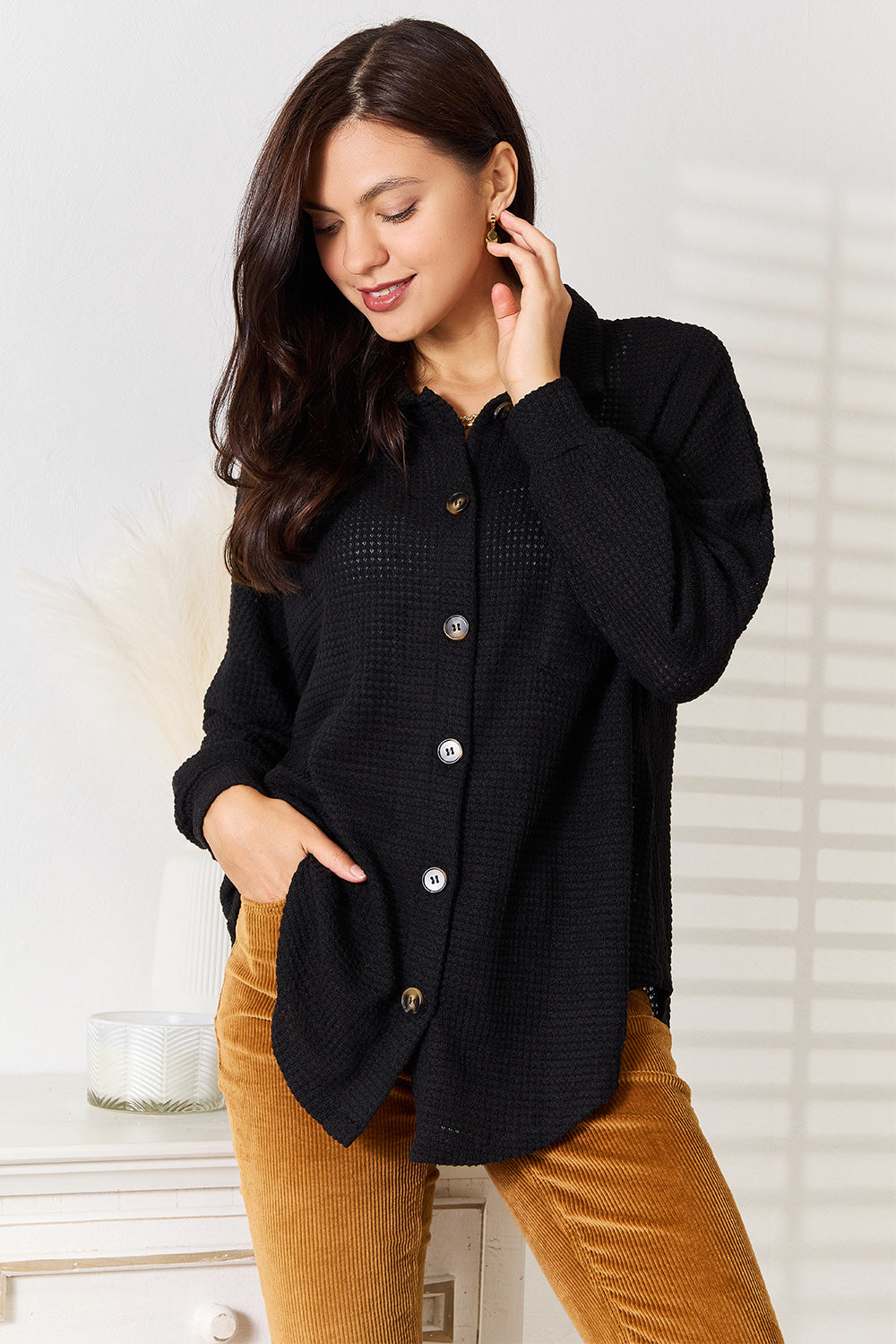 Double Take Waffle-Knit Collared Shirt