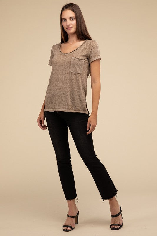 ZENANA Washed Melange Burnout Scoop V-Neck Top