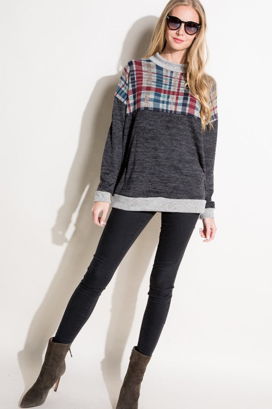 e Luna PLUS Solid Plaid Mock Neck Top