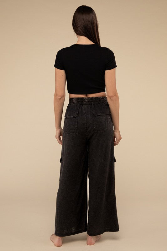 ZENANA Washed Linen Elastic Band Waist Cargo Pants