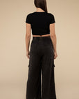 ZENANA Washed Linen Elastic Band Waist Cargo Pants