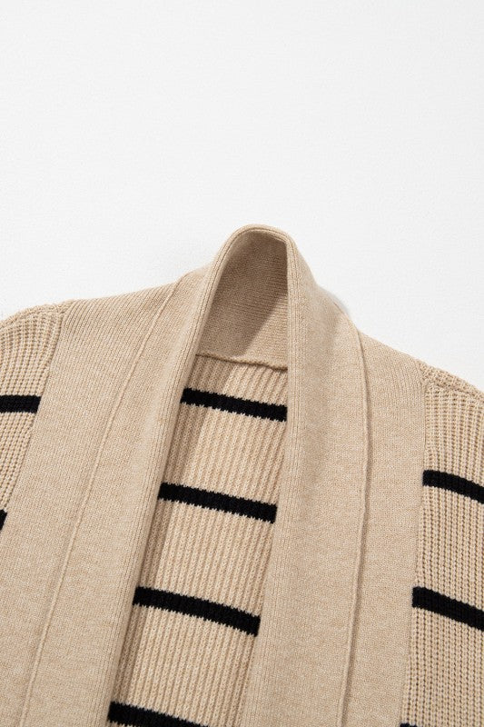 Stripe Shawl Neck Pocketed Open Cardigan