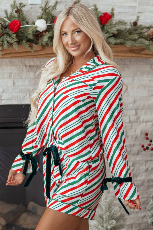 Christmas Stripe Velvet Bow Cuffs Pajama Set