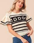 BiBi Granny Square Short Sleeve Striped Sweater