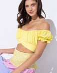 Off  Shoulder Pleated Crop Top with Back Ribbon Tie