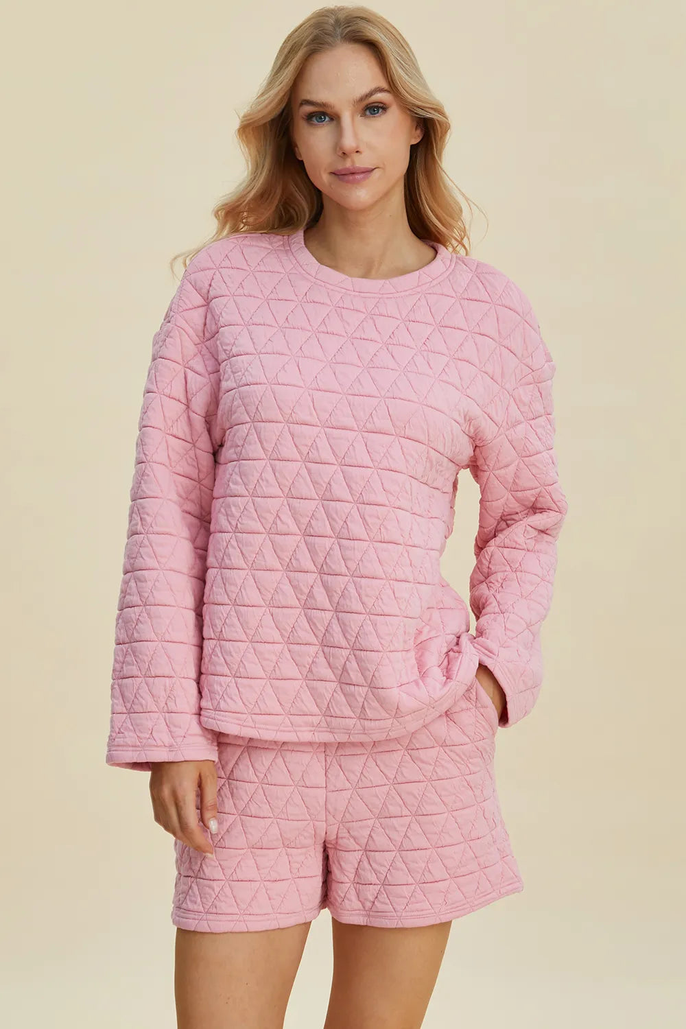 Double Take Textured Long Sleeve Top & Shorts Set