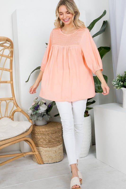 e Luna Solid Pintuck Tunic Blouse