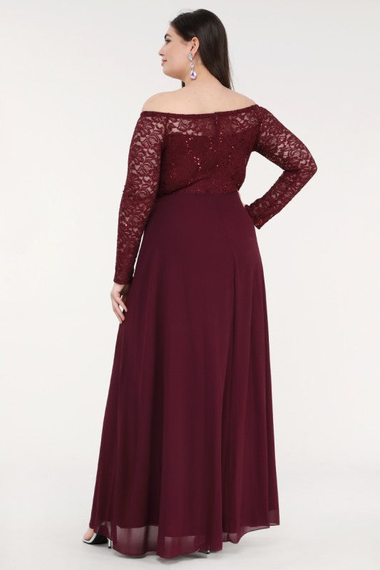 La Scala Plus Size Long Sleeve Lace and Chiffon Gown