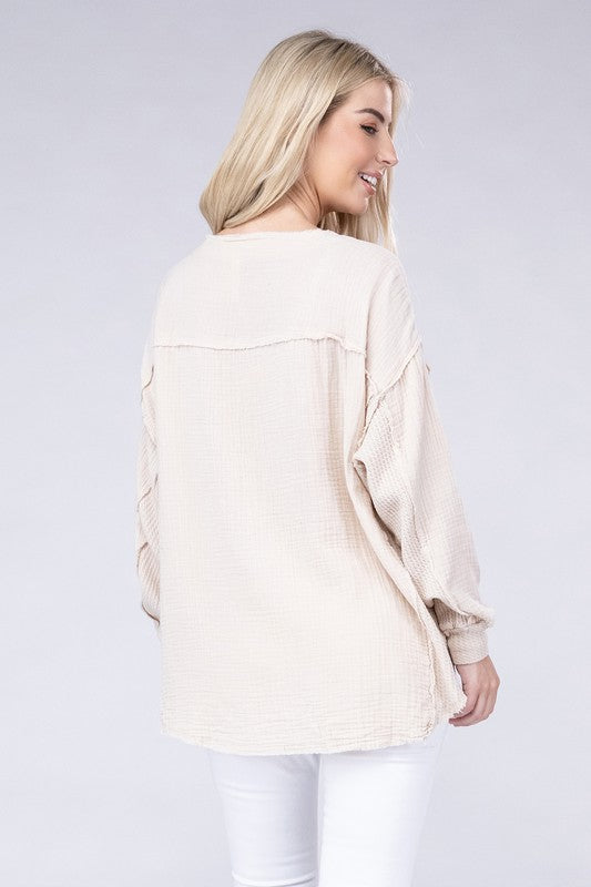 ZENANA Double Gauze Oversized 3/4 Button Henley Neck Top