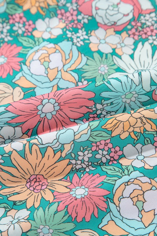 Floral Notched Neck Puff Short Sleeve Blouse