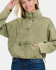 Zenana Acid Wash Fleece Half Snap Sweatshirt with Pocket