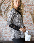 Heimish Full Size Snakeskin Print Round Neck Lace Contrast Top