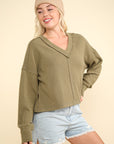 VERY J Exposed Seam V-Neck Ribbed Knit Top