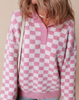 Checkered Buttons V Neck Drop Shoulder Sweater