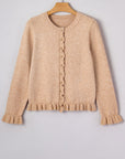 Solid Ruffle Trim Button Front Cardigan