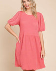 Culture Code Full Size Textured Round Neck Puff Sleeve Dress