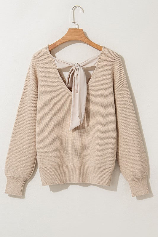 Bow Back Lantern Sleeve V-Neck Sweater