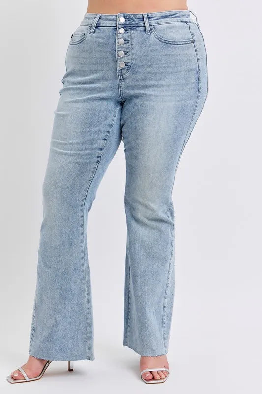 Judy Blue Full Size Midi Rise Rhinestone Side Panel Detail Flare Jeans Plus Size