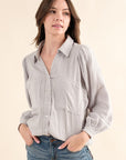 Textured Gauze Button Down Puff Sleeve Blouse