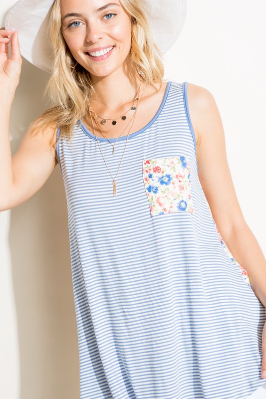 e Luna Plus Stripe Floral Pocket Tank Top