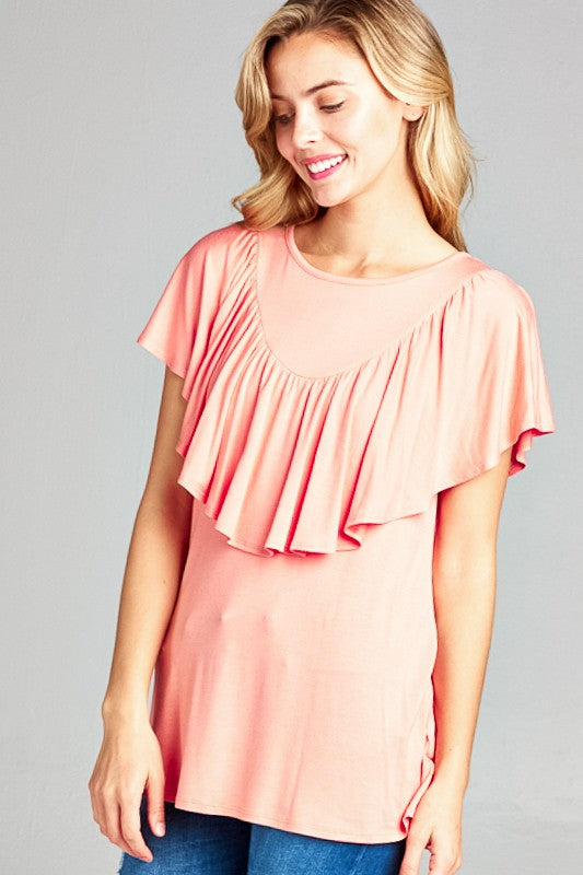 e Luna Solid Ruffle Detail Top