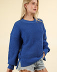 VERY J Waffle-Knit Exposed Seam Round Neck Sweater