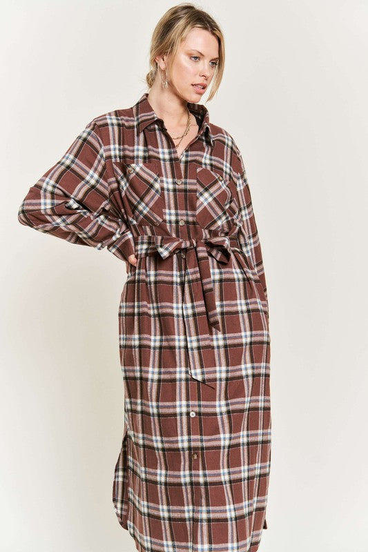 Plus Jade by Jane Plaid Print Collar Long Shirt Dress