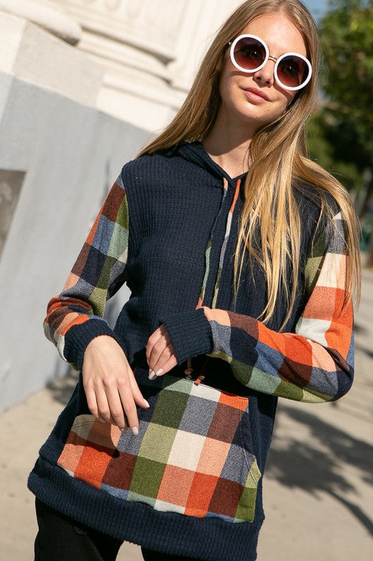 e Luna Plaid Mixed Hoodie Sweatshirt