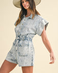 Annie Wear Elastic Waistband Short Sleeve Denim Romper