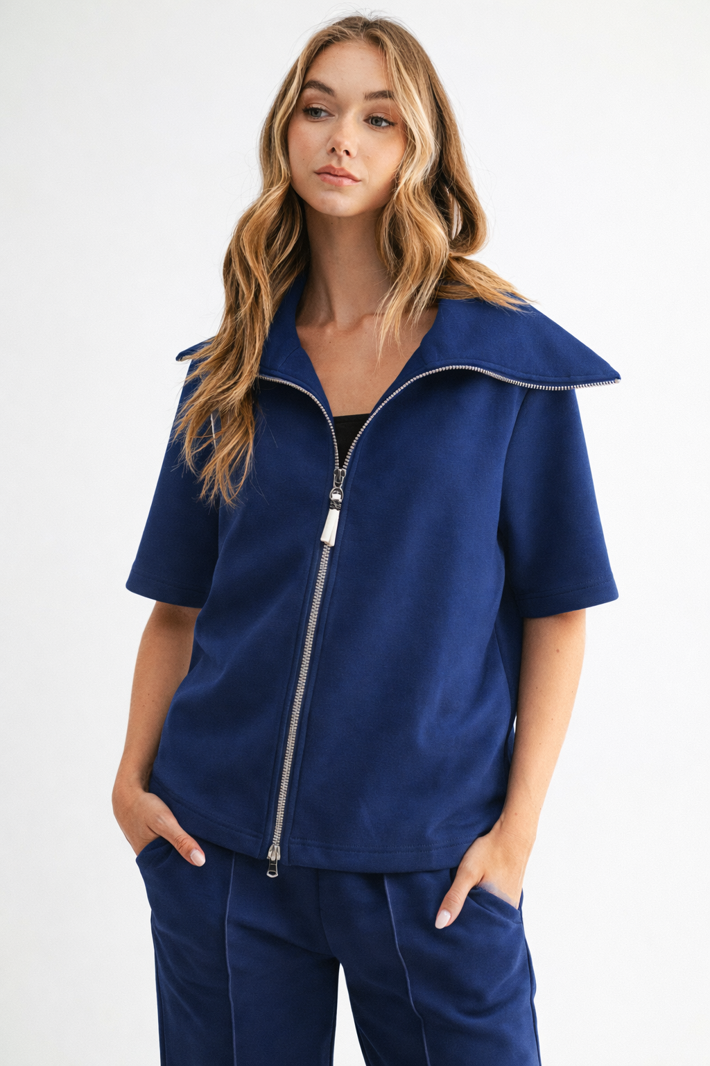 JOH Apparel Juriko Wide Collar Zip Front Knit Top