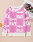 Pink Bow Knot Two Tone Checkered Crew Neck Sweater