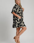 Umgee Full Size Two Tone Abstract Print Puff Sleeve Dress Plus Size