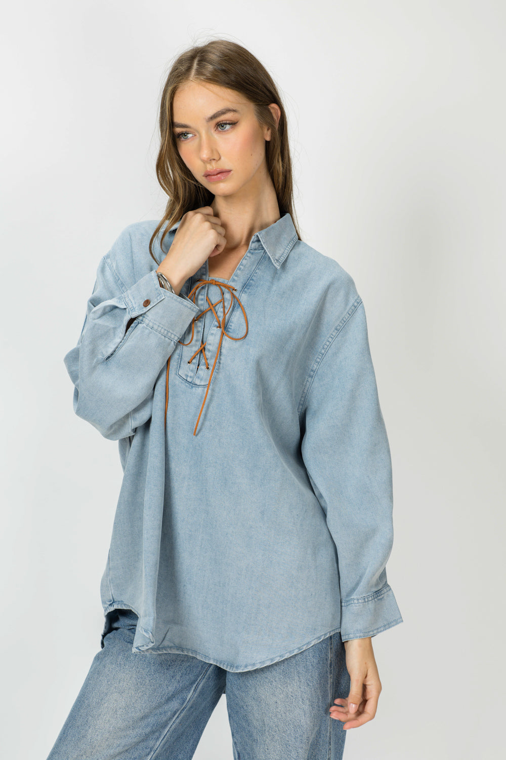 JOH Apparel Dakota Tencel Denim Lace-Up Top