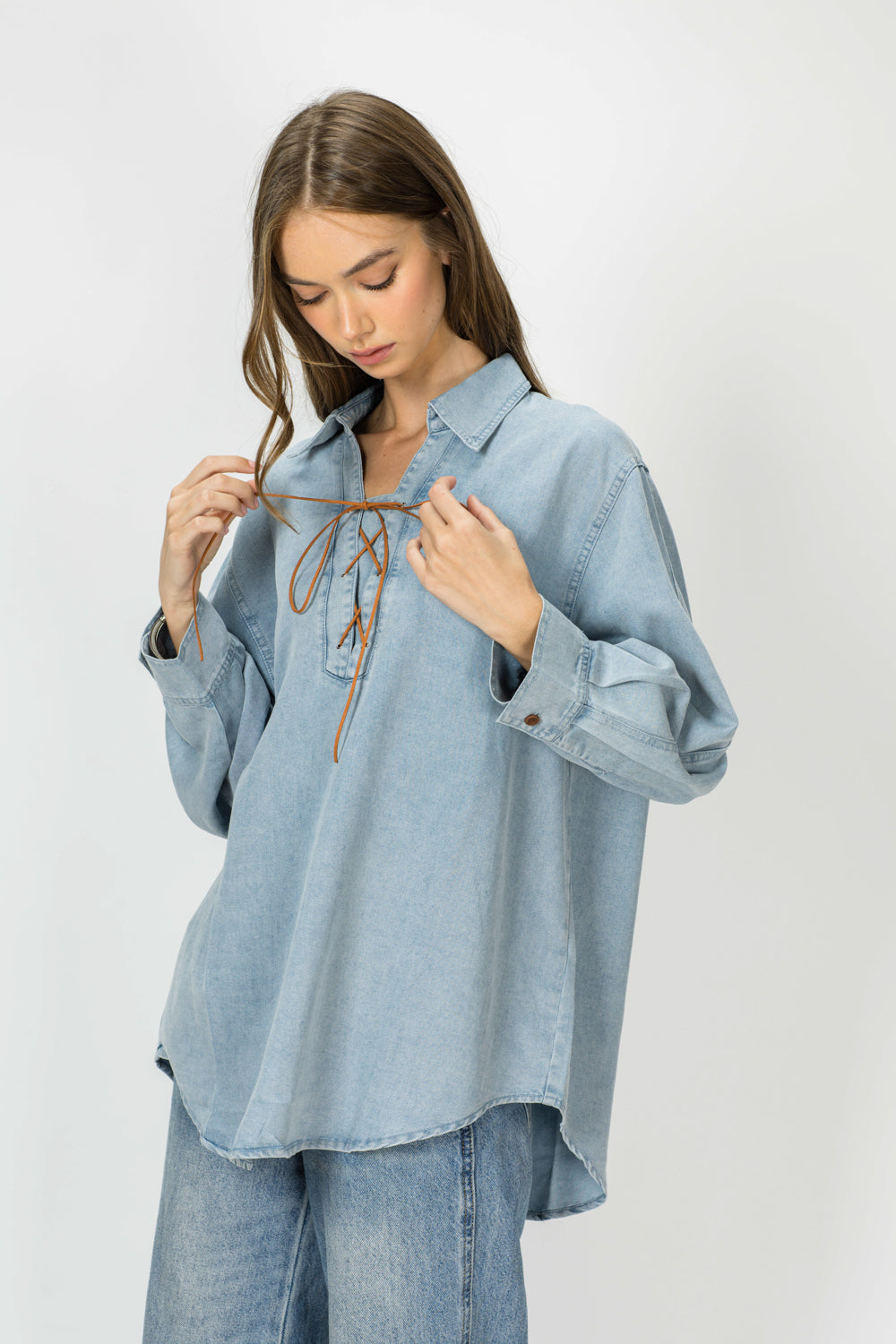 JOH Apparel Dakota Tencel Denim Lace-Up Top