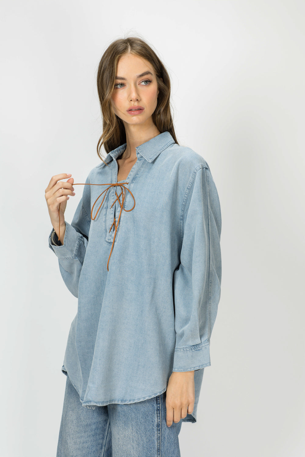 JOH Apparel Dakota Tencel Denim Lace-Up Top