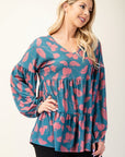 Celeste Full Size Tiered Floral V-Neck Long Sleeve Blouse