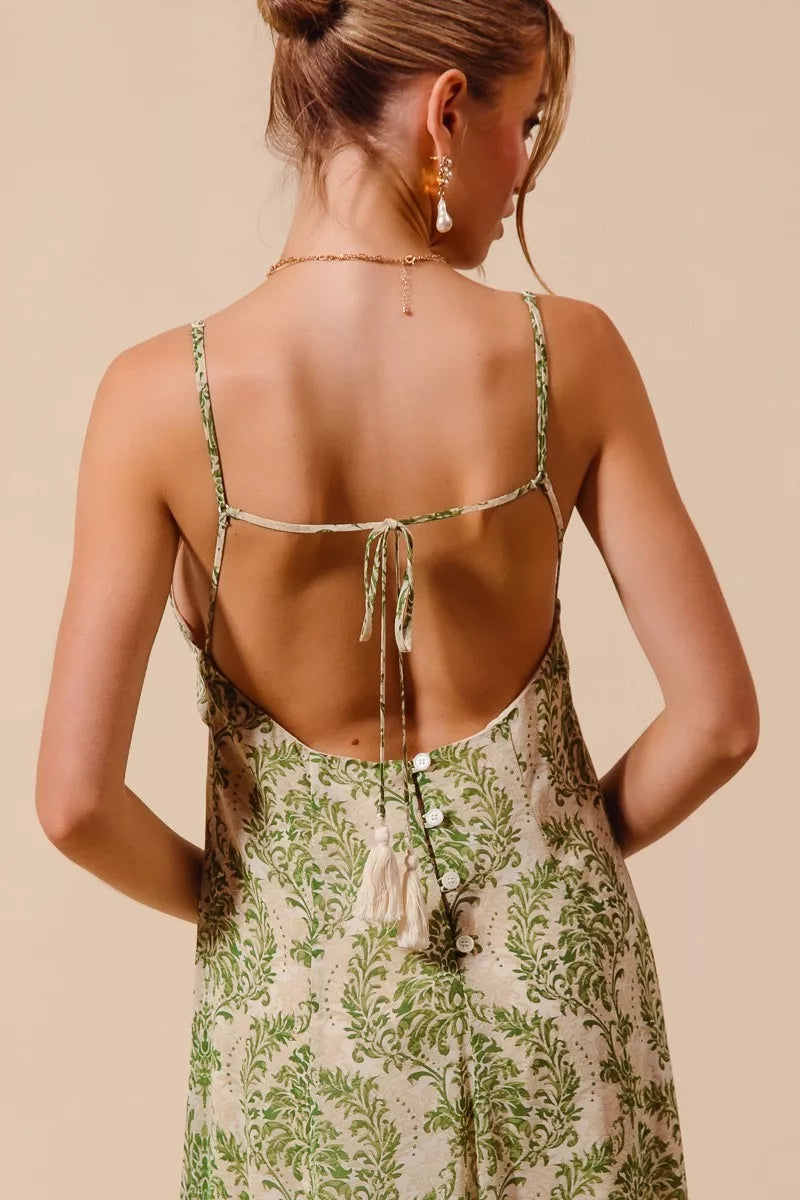 SO ME Damask Floral Summer Maxi Flowy Dress With Open Back