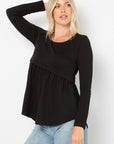 Be Stage Full Size Texture Babydoll Round Neck Long Sleeve Knit Top