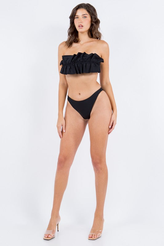 2 Piece Tube Top with Ruched Ruffle Bikini