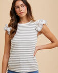 Annie Wear Ruffled Striped Round Neck Cap Sleeve Knit Top