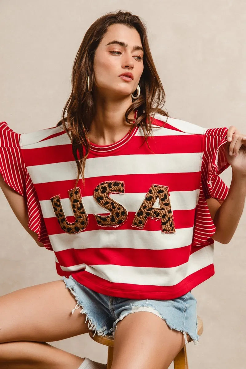 BiBi Stripe Mixed Ruffle Sleeve Top With Leopard Letter