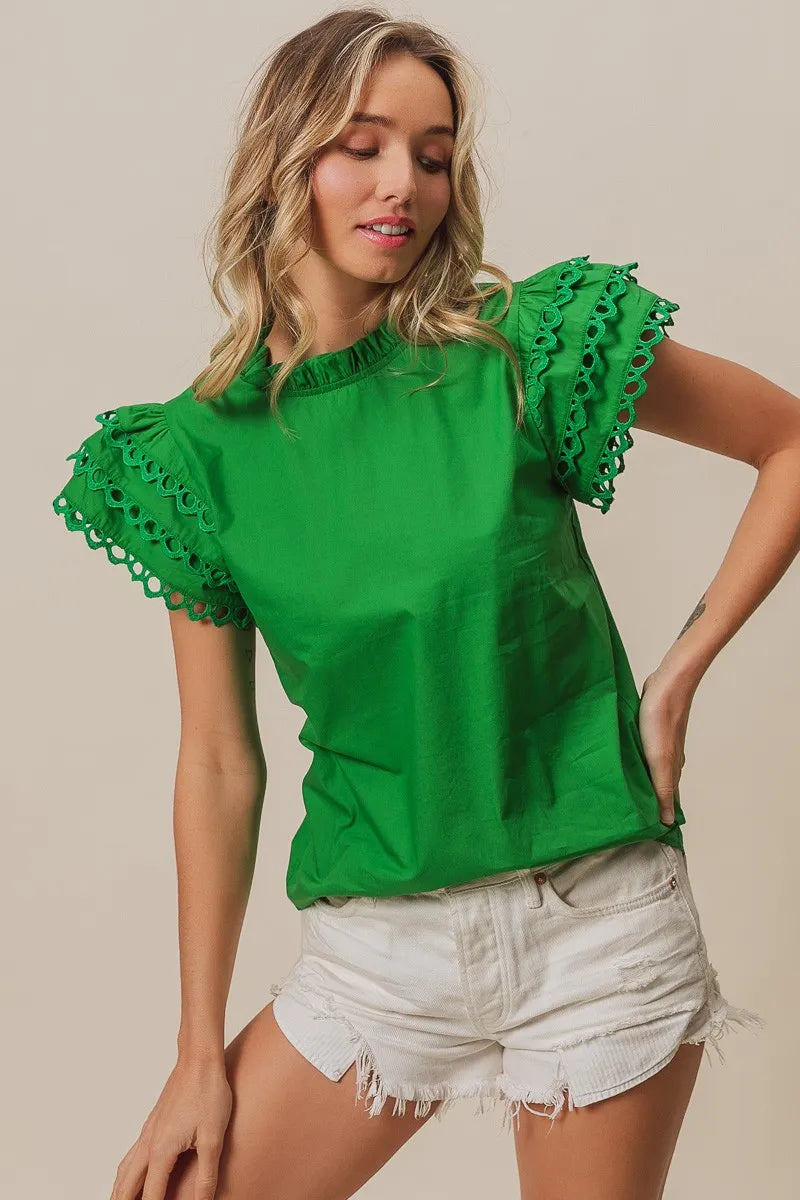 BiBi Solid Woven Circle Trim Ruffle Top